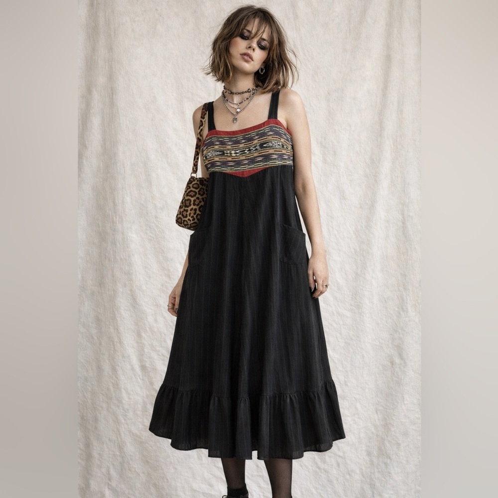 Vintage‎ Y2K Boho Artisan Midi Dress Empire Waist Black Pinstripe Pockets XS/S